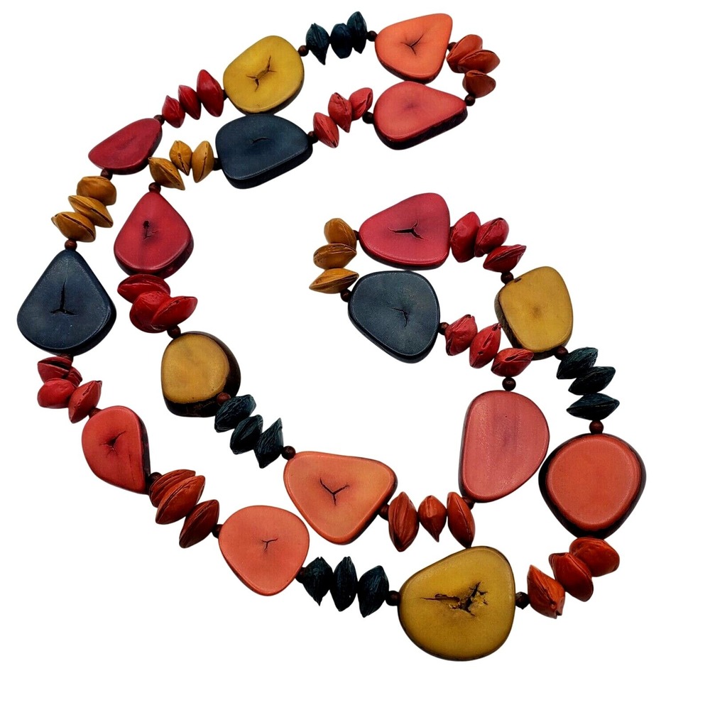 Tagua Nut Necklace Tropical Blue Orange‎ Red Colorful Vintage 60s Boho Statement